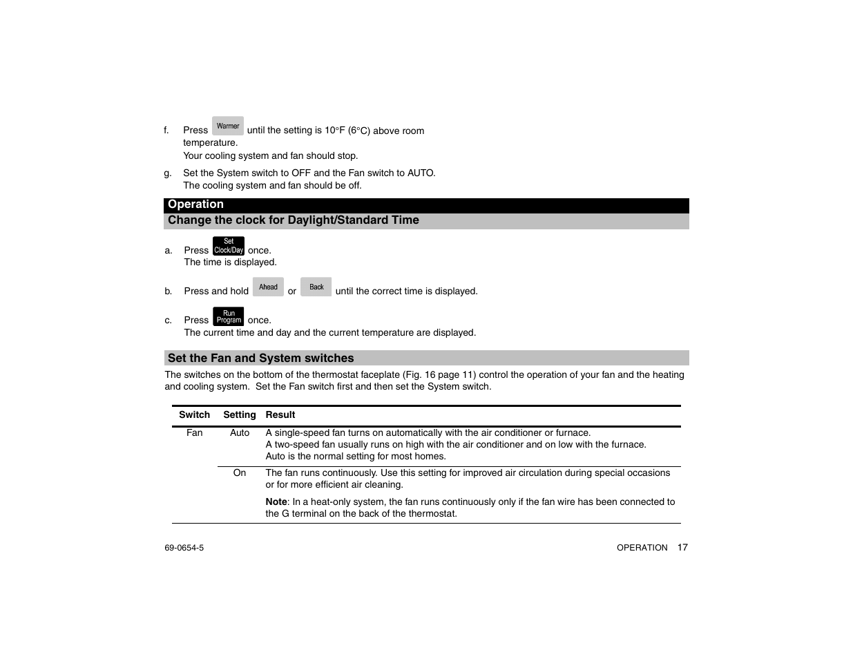 Change the clock for daylight/standard time, A. press once. the time is displayed, Set the fan and system switches | Honeywell MAGICSTAT CT3300 User Manual | Page 17 / 24