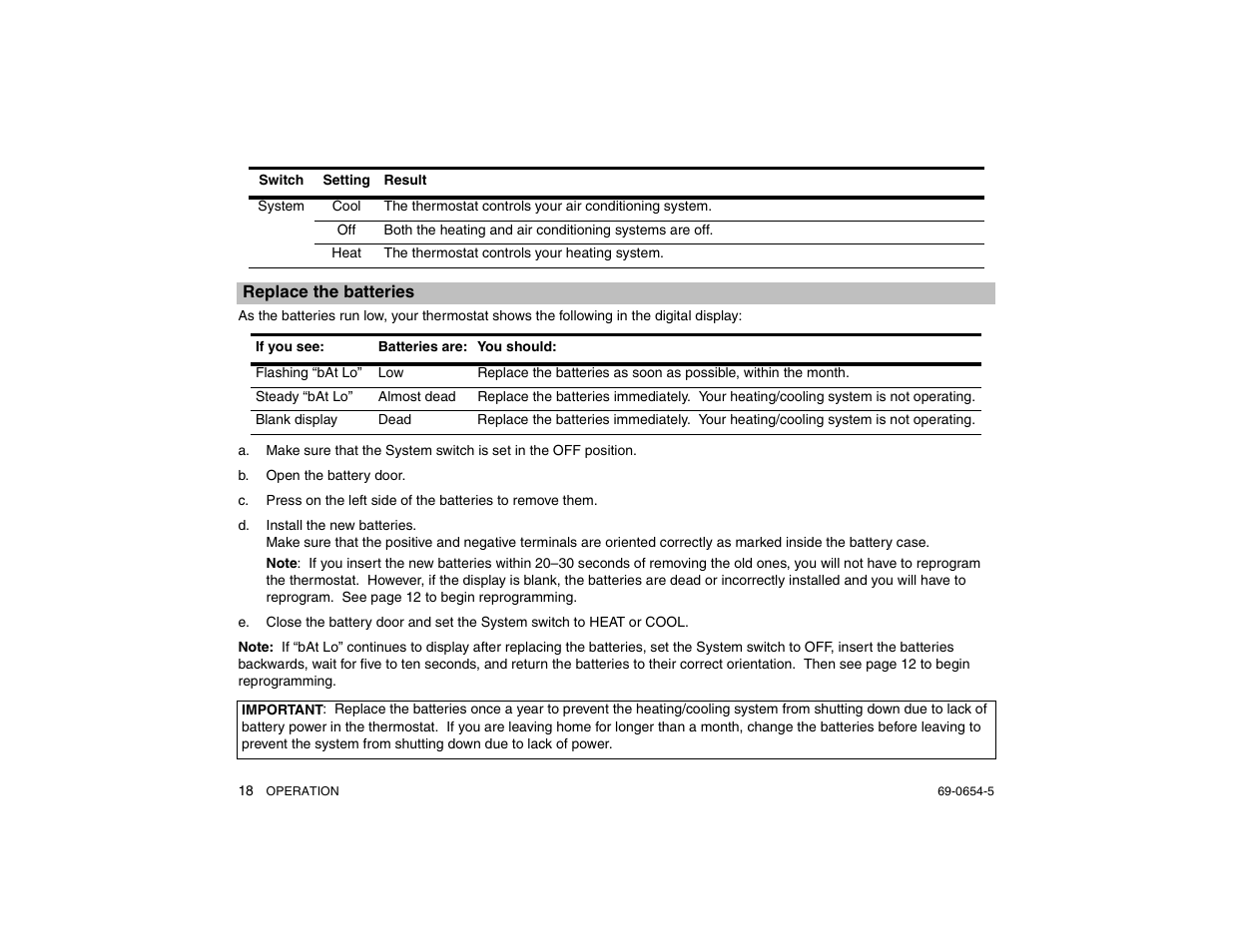 Replace the batteries, B. open the battery door, E 18) | Honeywell MAGICSTAT CT3300 User Manual | Page 18 / 24