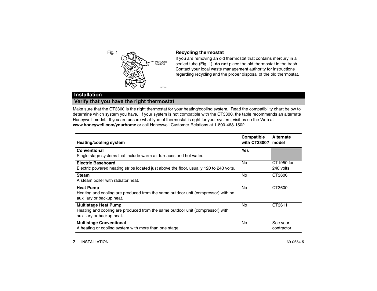 Verify that you have the right thermostat, Recycling thermostat | Honeywell MAGICSTAT CT3300 User Manual | Page 2 / 24