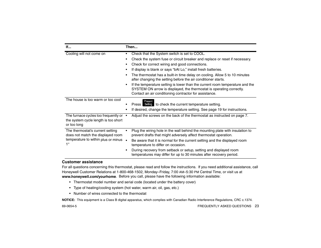 Customer assistance | Honeywell MAGICSTAT CT3300 User Manual | Page 23 / 24