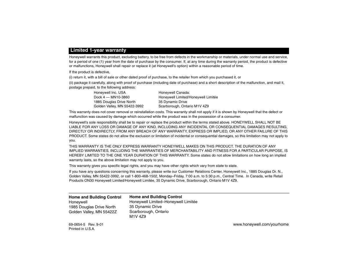 Limited 1-year warranty | Honeywell MAGICSTAT CT3300 User Manual | Page 24 / 24