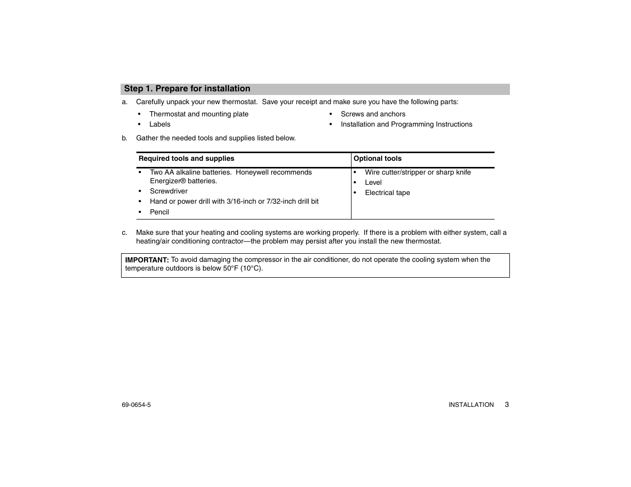 Step 1. prepare for installation | Honeywell MAGICSTAT CT3300 User Manual | Page 3 / 24