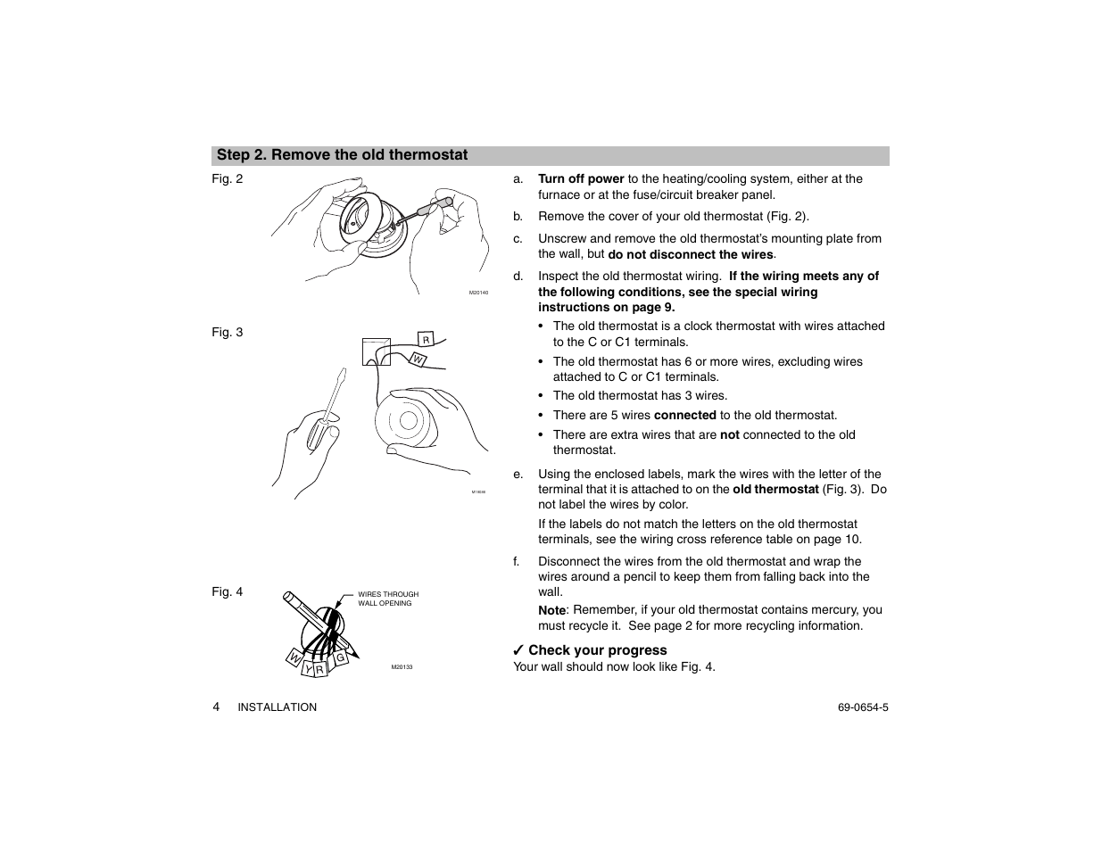 Step 2. remove the old thermostat, Your wall should now look like fig. 4 | Honeywell MAGICSTAT CT3300 User Manual | Page 4 / 24