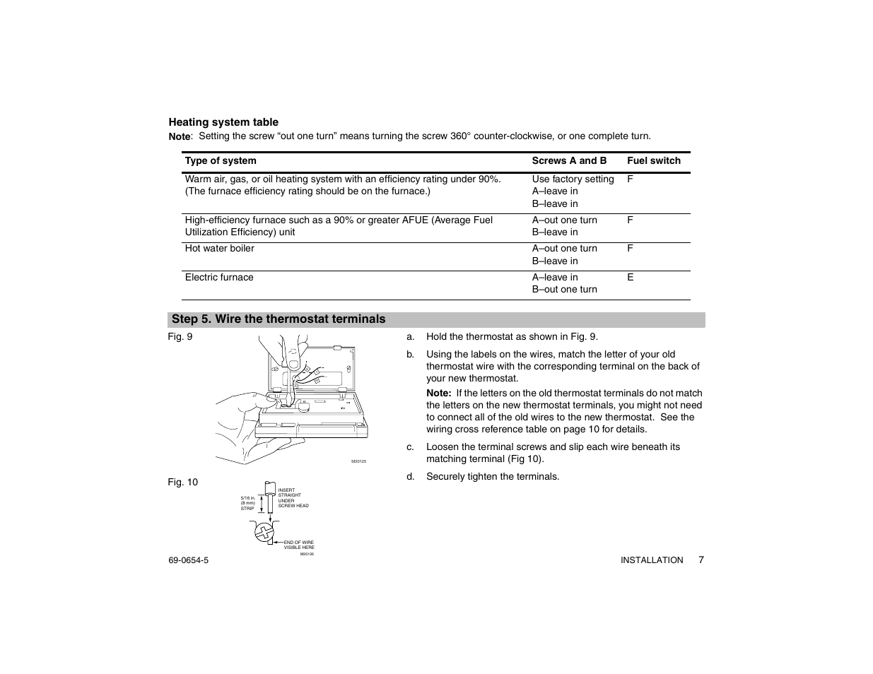 Heating system table, Step 5. wire the thermostat terminals, A. hold the thermostat as shown in fig. 9 | D. securely tighten the terminals | Honeywell MAGICSTAT CT3300 User Manual | Page 7 / 24