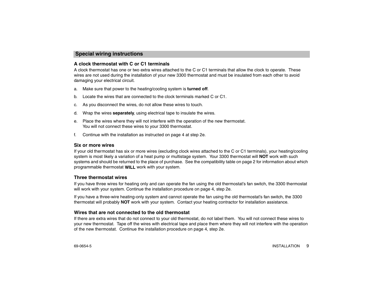 Special wiring instructions, A clock thermostat with c or c1 terminals, Six or more wires | Three thermostat wires, Wires that are not connected to the old thermostat | Honeywell MAGICSTAT CT3300 User Manual | Page 9 / 24