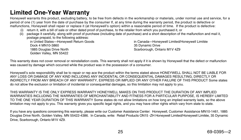 Limited one-year warranty | Honeywell CT1801 User Manual | Page 25 / 28