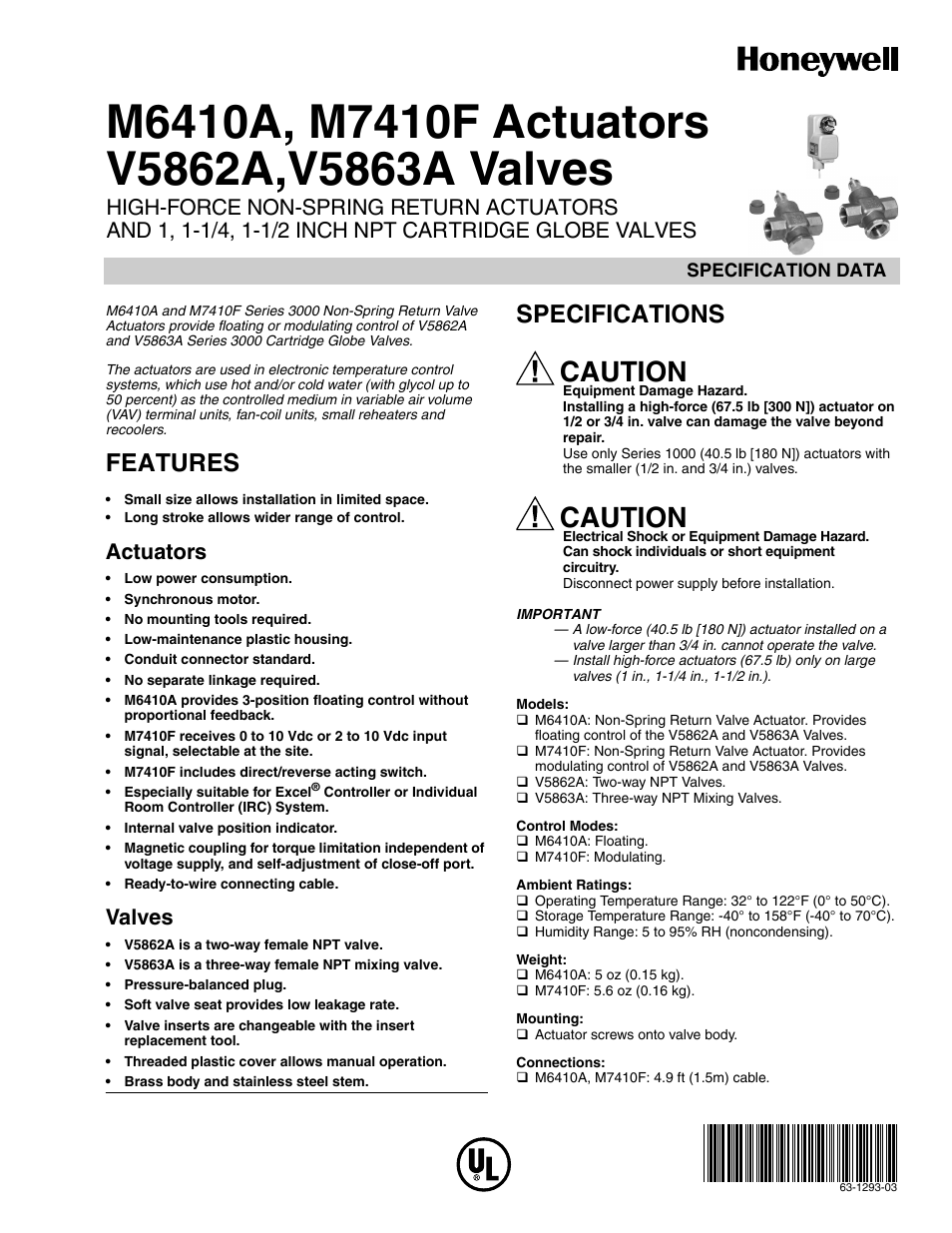 Honeywell V5863A User Manual | 4 pages