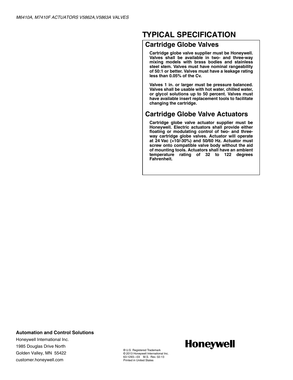Typical specification, Cartridge globe valves, Cartridge globe valve actuators | Honeywell V5863A User Manual | Page 4 / 4