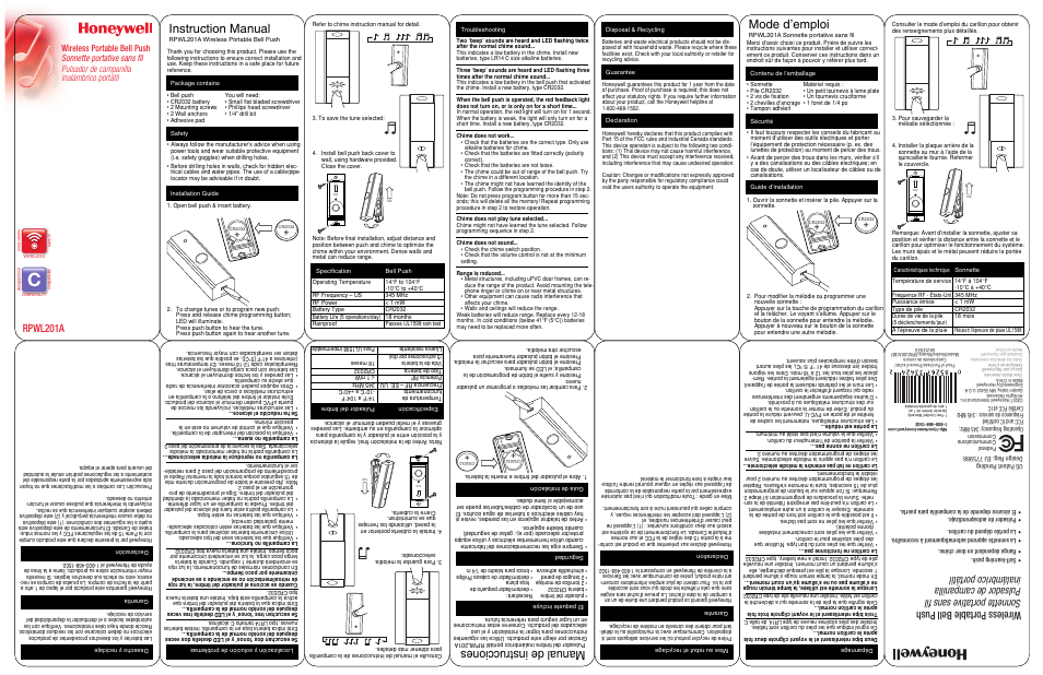 Honeywell RPWL201A User Manual | 1 page