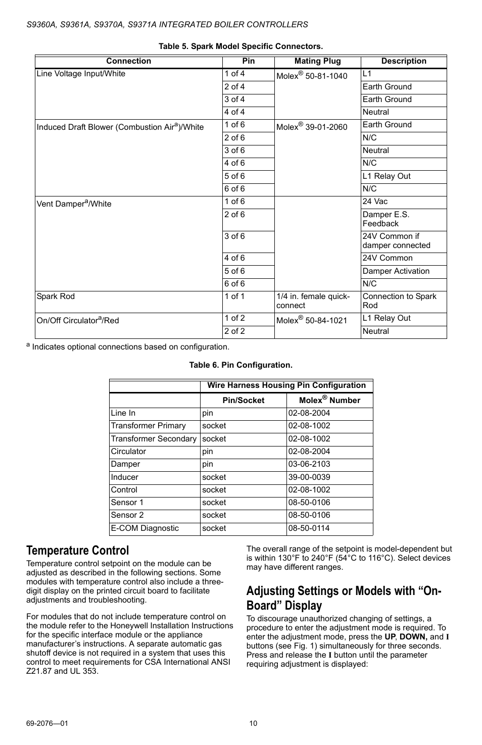 Temperature control | Honeywell S9371A User Manual | Page 10 / 16