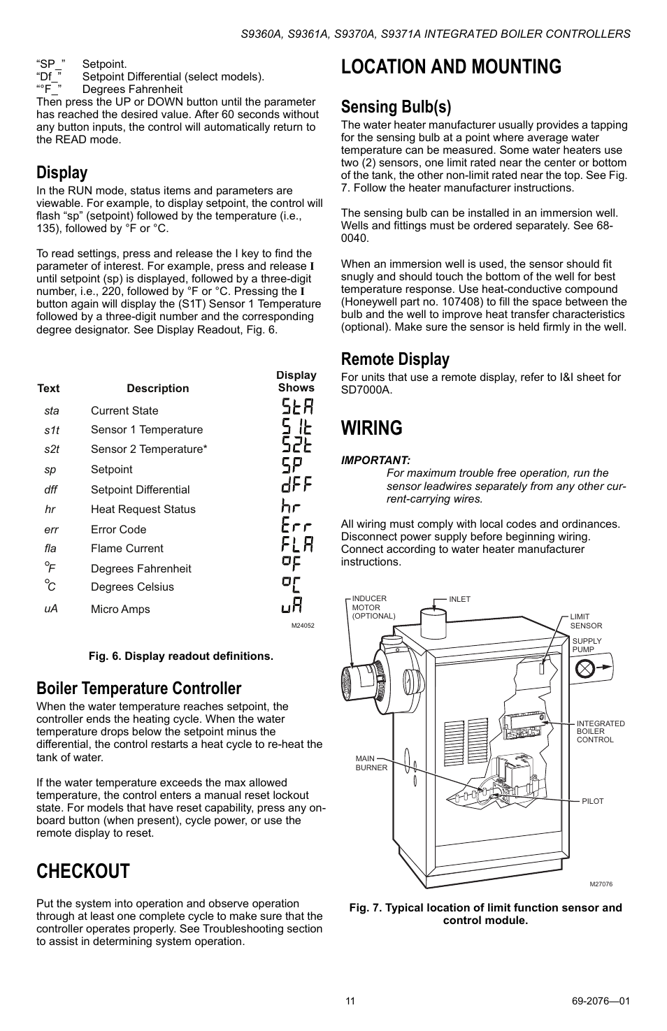 Checkout, Location and mounting, Wiring | Display, Boiler temperature controller, Sensing bulb(s), Remote display | Honeywell S9371A User Manual | Page 11 / 16