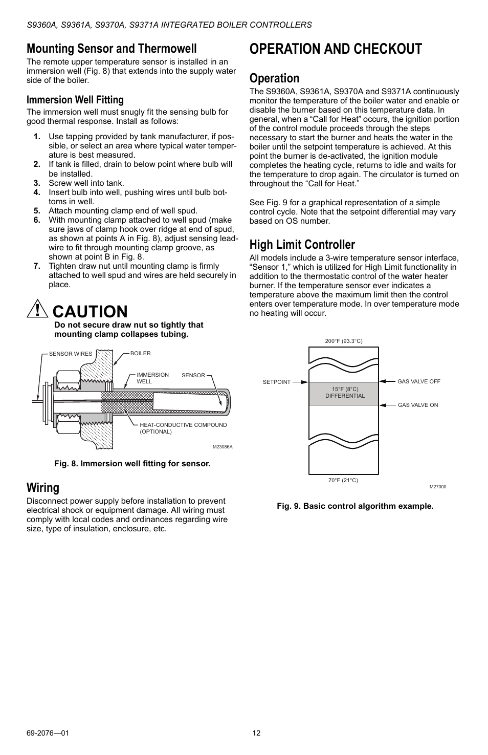 Caution, Operation and checkout, Mounting sensor and thermowell | Wiring, Operation, High limit controller, Immersion well fitting | Honeywell S9371A User Manual | Page 12 / 16