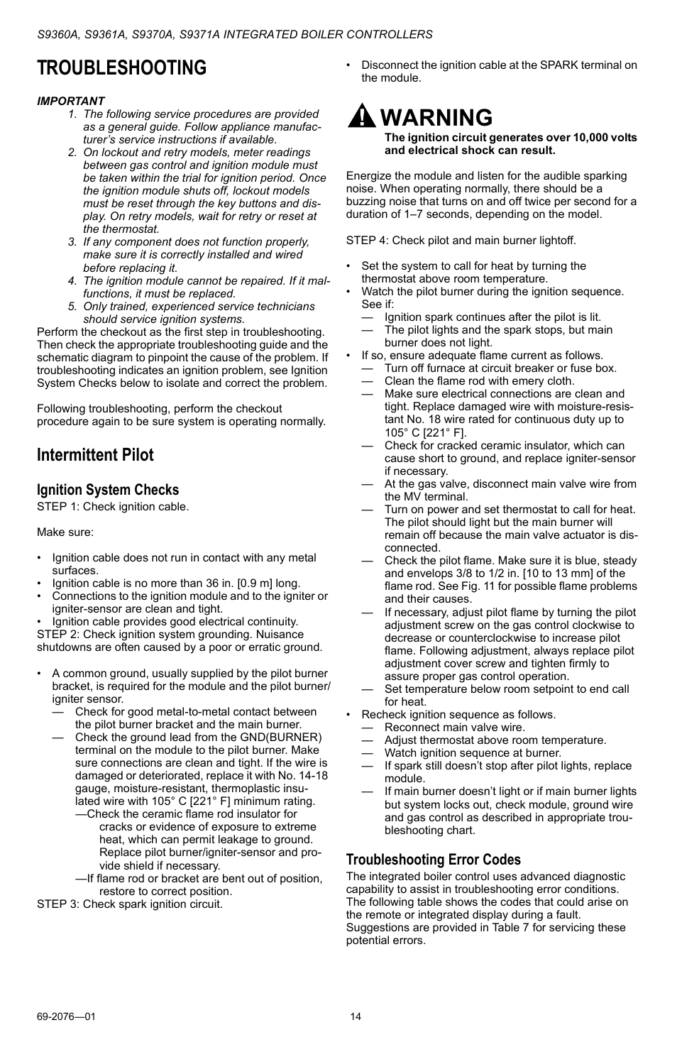 Warning, Troubleshooting, Intermittent pilot | Ignition system checks, Troubleshooting error codes | Honeywell S9371A User Manual | Page 14 / 16