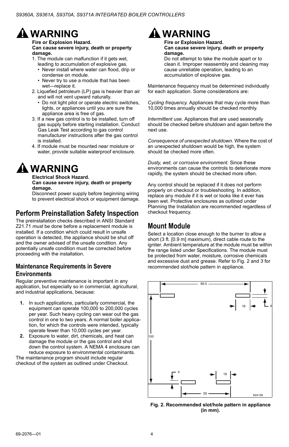 Warning, Perform preinstallation safety inspection, Mount module | Maintenance requirements in severe environments | Honeywell S9371A User Manual | Page 4 / 16