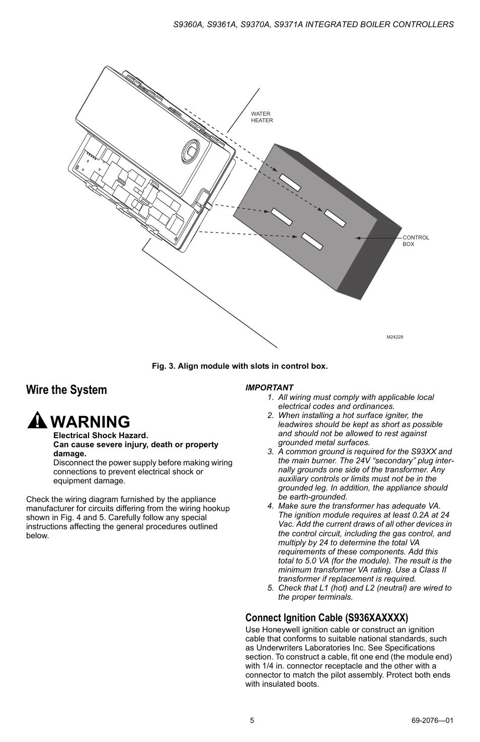 Warning, Wire the system | Honeywell S9371A User Manual | Page 5 / 16