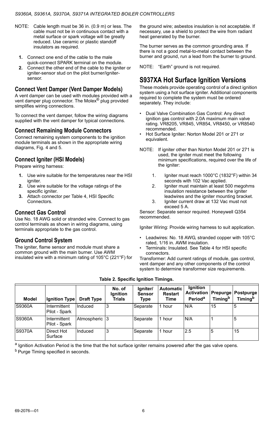 S937xa hot surface ignition versions, Connect vent damper (vent damper models), Connect remaining module connectors | Connect igniter (hsi models), Connect gas control, Ground control system | Honeywell S9371A User Manual | Page 6 / 16
