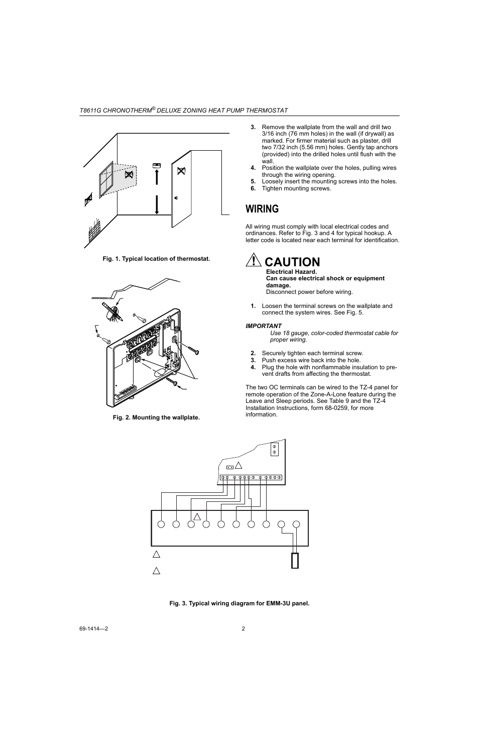 Wiring, Caution | Honeywell CHRONOTHERM T8611G User Manual | Page 2 / 12