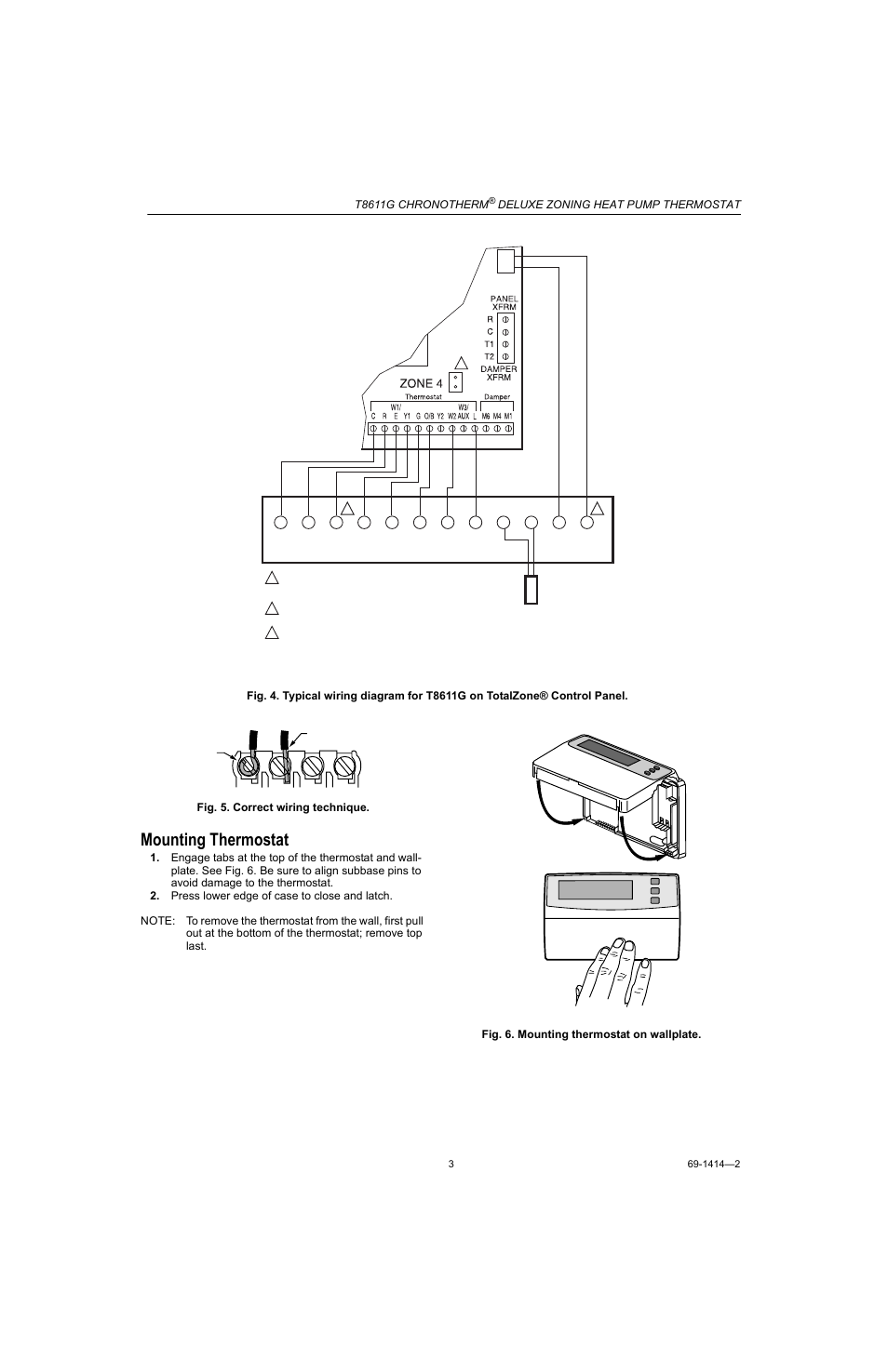 Mounting thermostat, T8611g chronotherm, Deluxe zoning heat pump thermostat | Honeywell CHRONOTHERM T8611G User Manual | Page 3 / 12