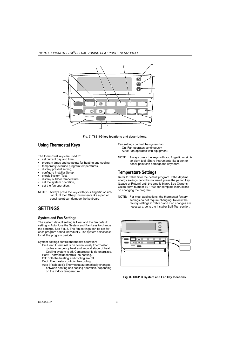 Using thermostat keys, Settings, Temperature settings | System and fan settings, T8611g chronotherm, Deluxe zoning heat pump thermostat | Honeywell CHRONOTHERM T8611G User Manual | Page 4 / 12