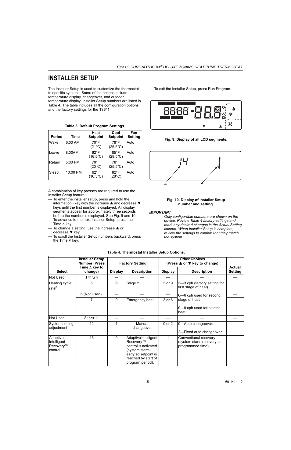 Installer setup | Honeywell CHRONOTHERM T8611G User Manual | Page 5 / 12