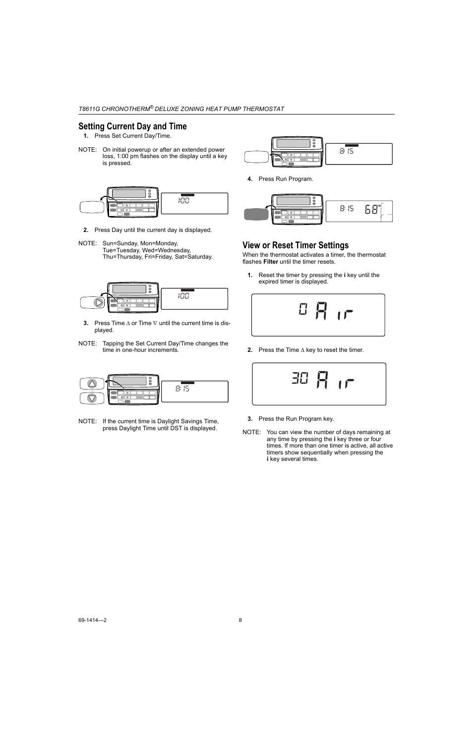 Setting current day and time, View or reset timer settings | Honeywell CHRONOTHERM T8611G User Manual | Page 8 / 12