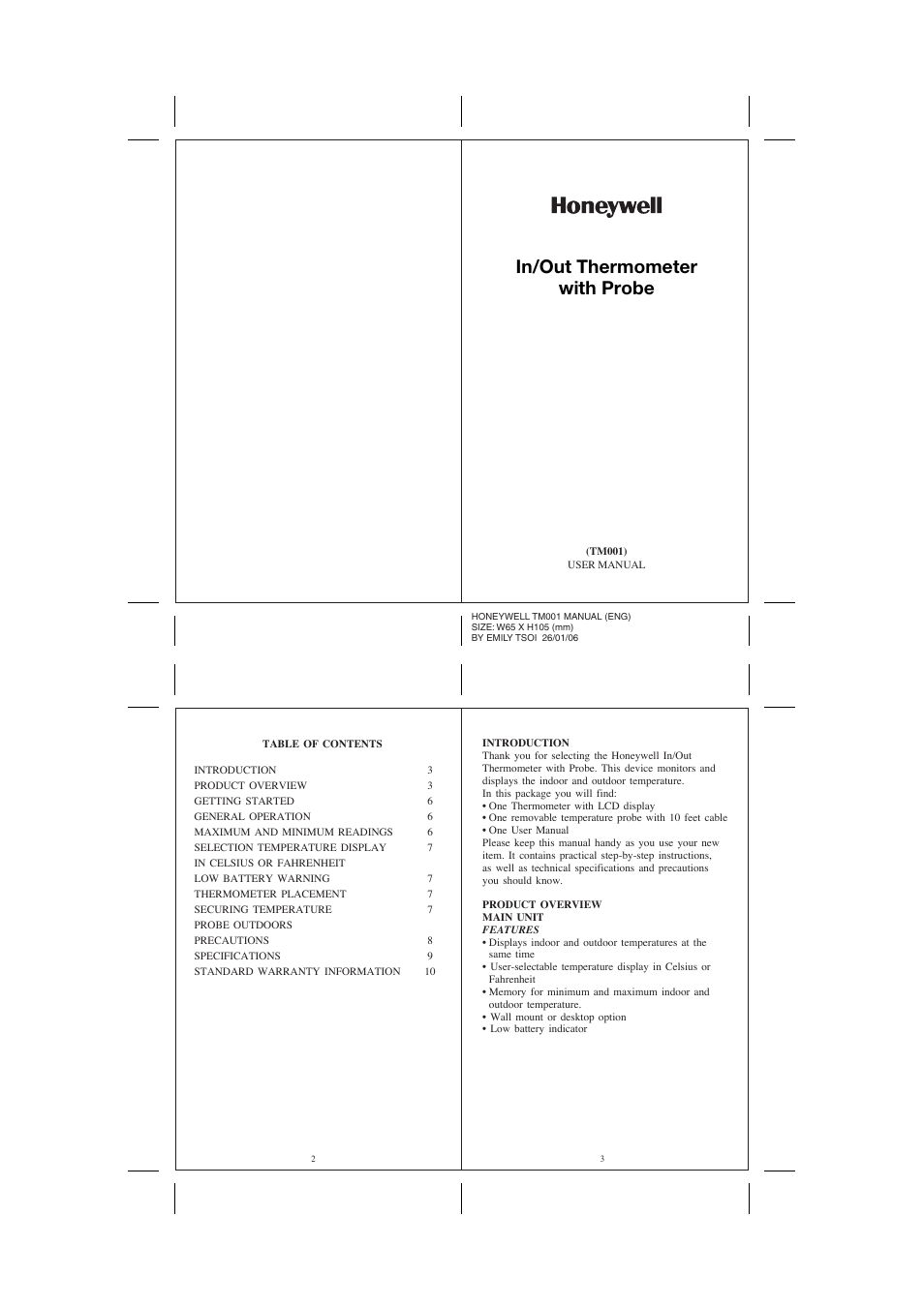 Honeywell TM001 User Manual | 3 pages