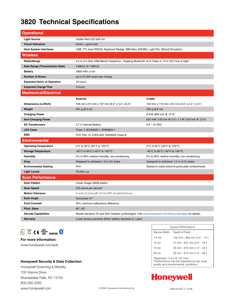3820 technical specifications, Operational, Wireless | Mechanical/electrical, Environmental, Scan performance | Honeywell 3820 User Manual | Page 2 / 2
