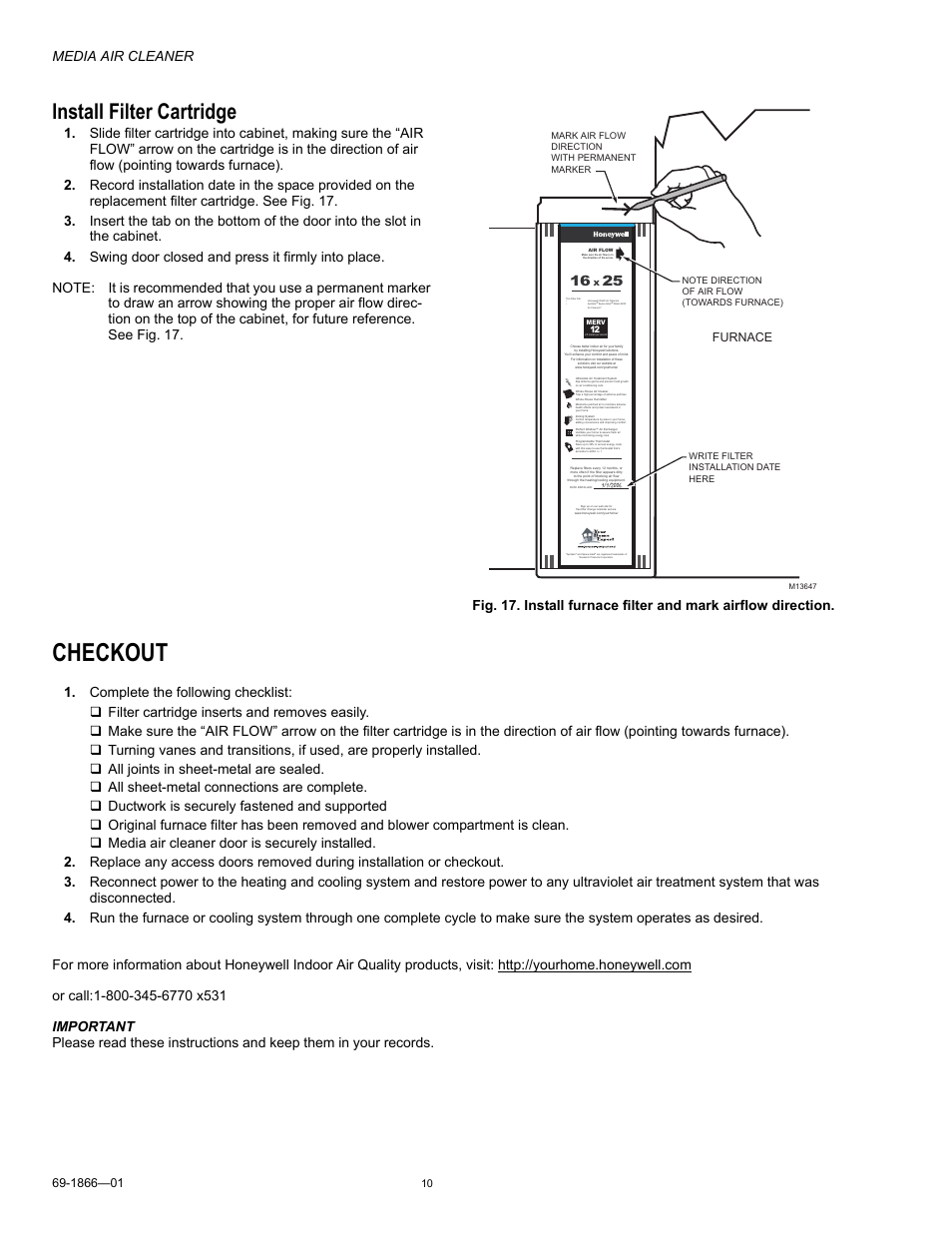 Install filter cartridge, Checkout, Media air cleaner | Honeywell 69-1866-01 User Manual | Page 10 / 12