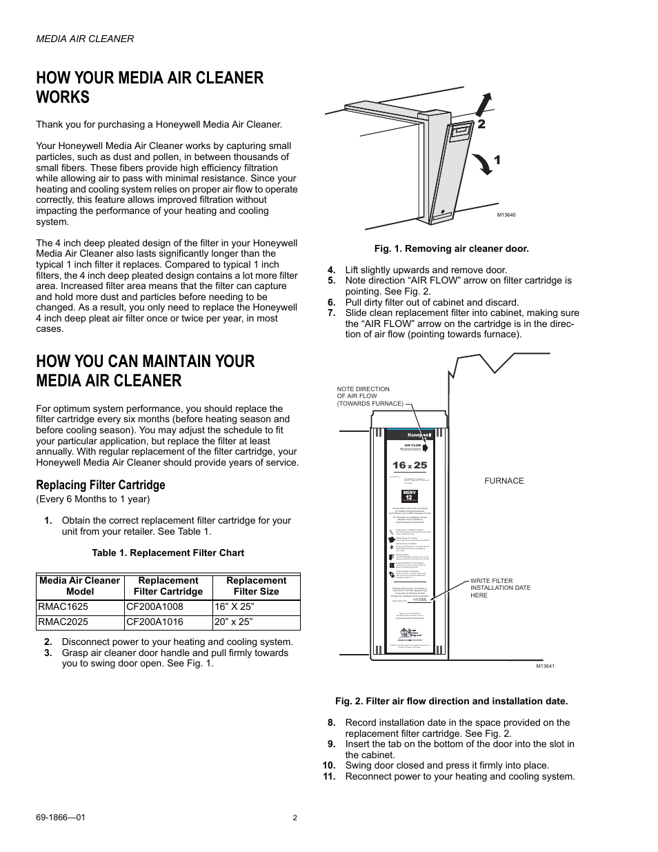 How your media air cleaner works, How you can maintain your media air cleaner, Replacing filter cartridge | Media air cleaner | Honeywell 69-1866-01 User Manual | Page 2 / 12