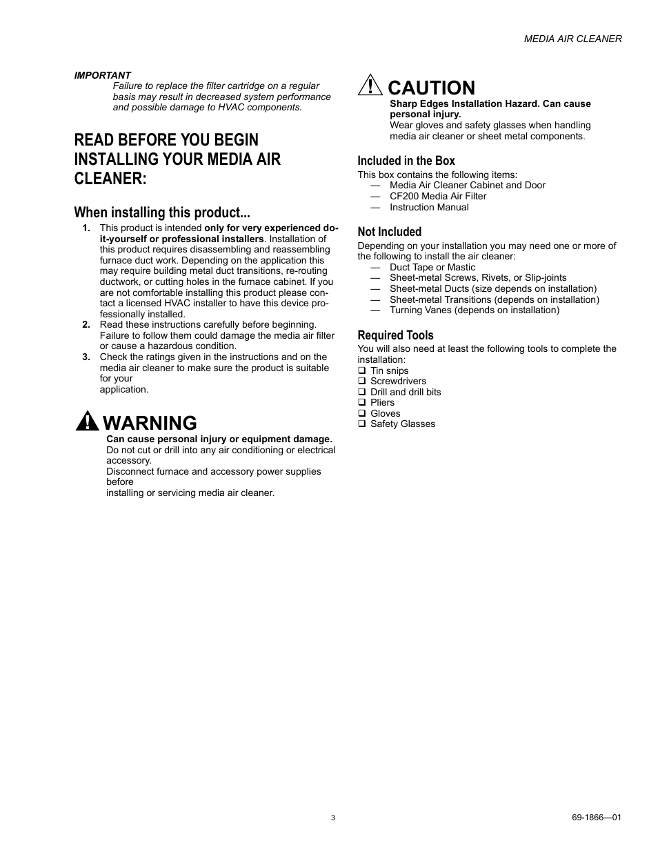 When installing this product, Warning, Caution | Honeywell 69-1866-01 User Manual | Page 3 / 12