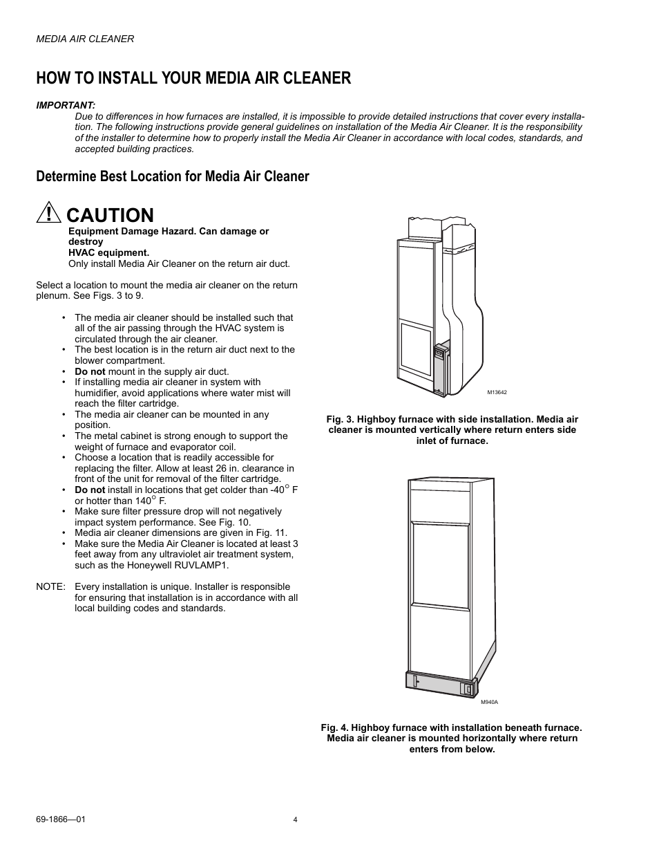 How to install your media air cleaner, Determine best location for media air cleaner, Caution | Honeywell 69-1866-01 User Manual | Page 4 / 12