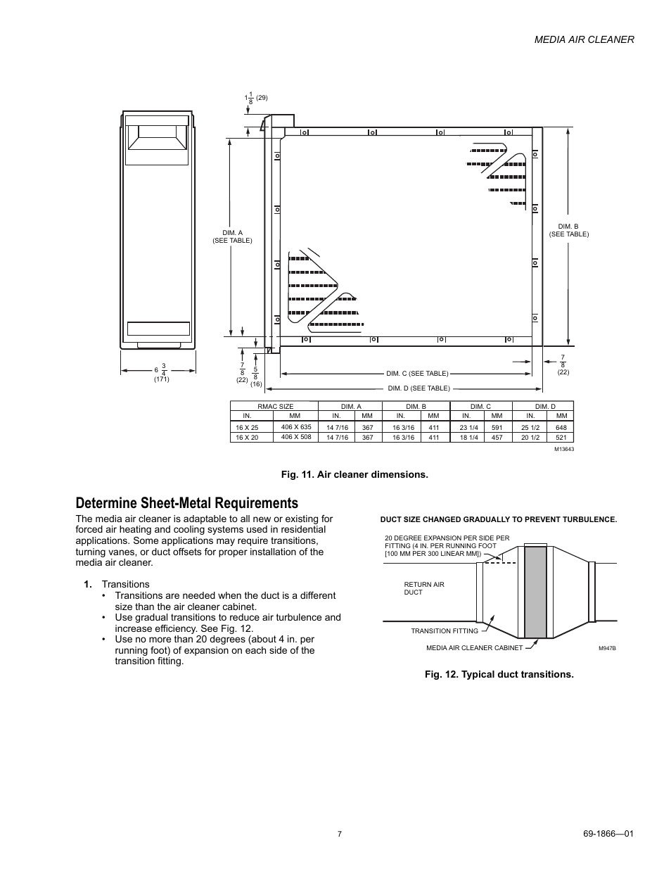 Determine sheet-metal requirements, Media air cleaner, Fig. 11. air cleaner dimensions | Honeywell 69-1866-01 User Manual | Page 7 / 12