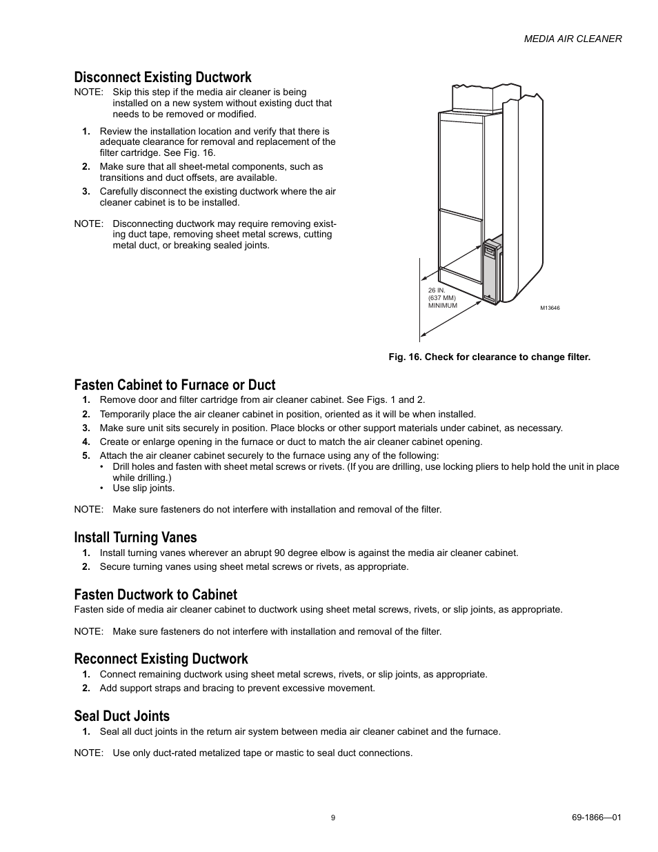 Disconnect existing ductwork, Fasten cabinet to furnace or duct, Install turning vanes | Fasten ductwork to cabinet, Reconnect existing ductwork, Seal duct joints | Honeywell 69-1866-01 User Manual | Page 9 / 12