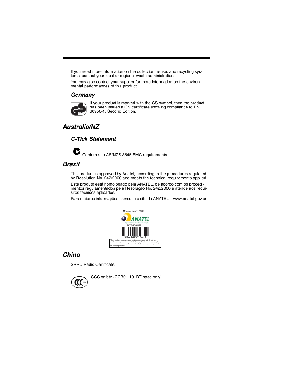 Australia/nz, Brazil, China | Germany, C-tick statement | Honeywell XENON 1902 User Manual | Page 10 / 312