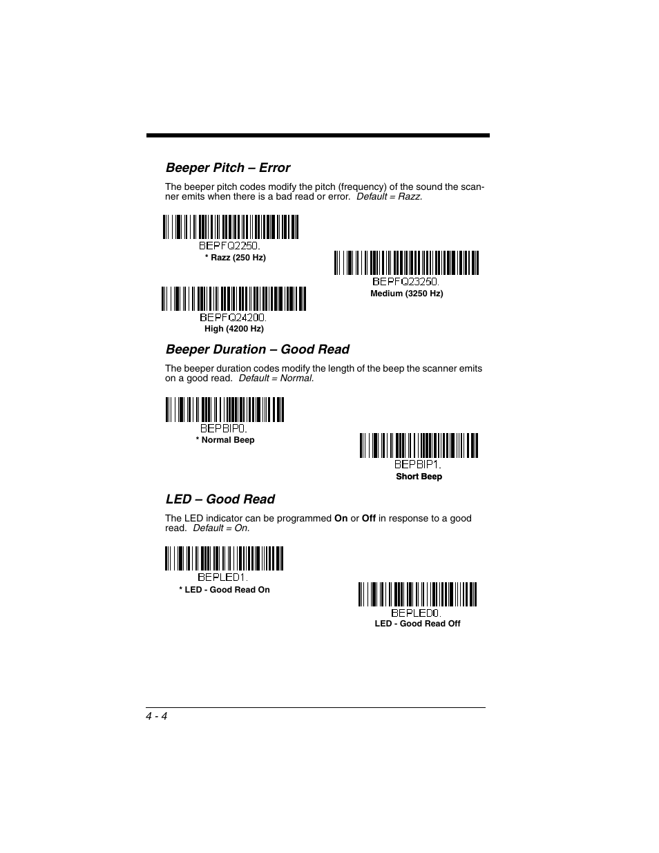 Beeper pitch – error, Beeper duration – good read, Led – good read | Honeywell XENON 1902 User Manual | Page 100 / 312