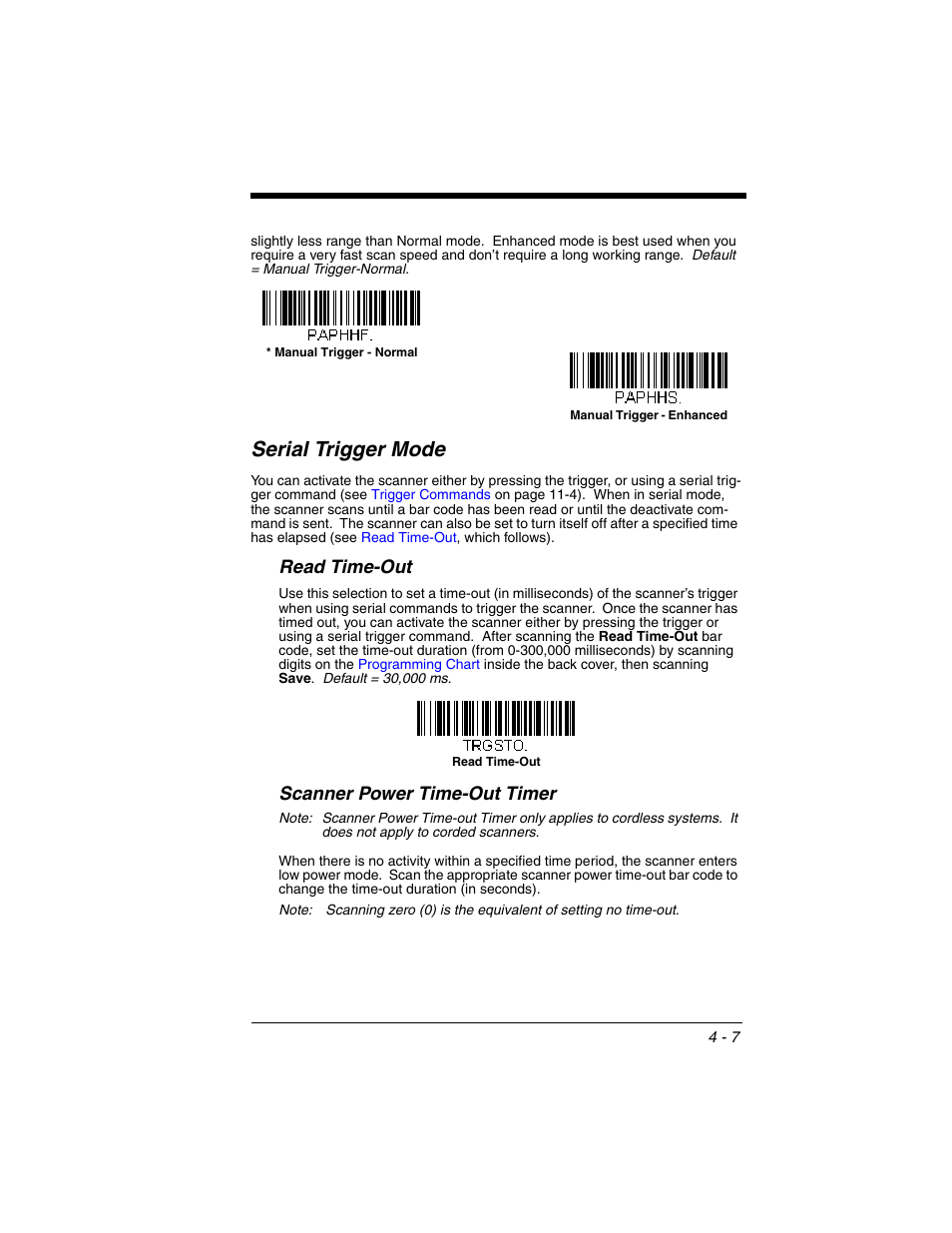 Serial trigger mode, Read time-out, Scanner power time-out timer | Serial trigger mode -7, Read time-out -7, Scanner power time-out timer -7, Timer setting (see, Expires. when auto reconnect mode, Setting (see | Honeywell XENON 1902 User Manual | Page 103 / 312