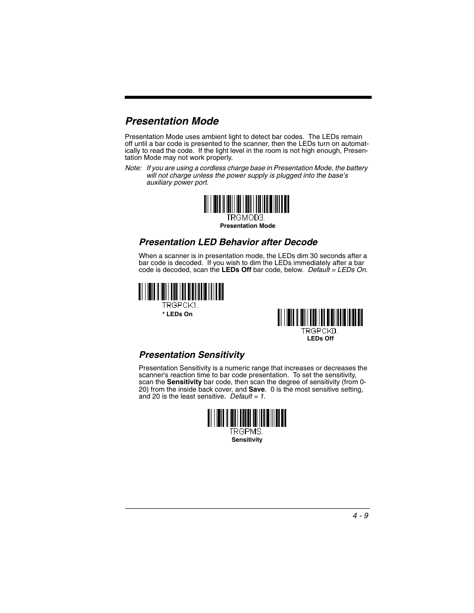 Presentation mode, Presentation led behavior after decode, Presentation sensitivity | Presentation mode -9 | Honeywell XENON 1902 User Manual | Page 105 / 312