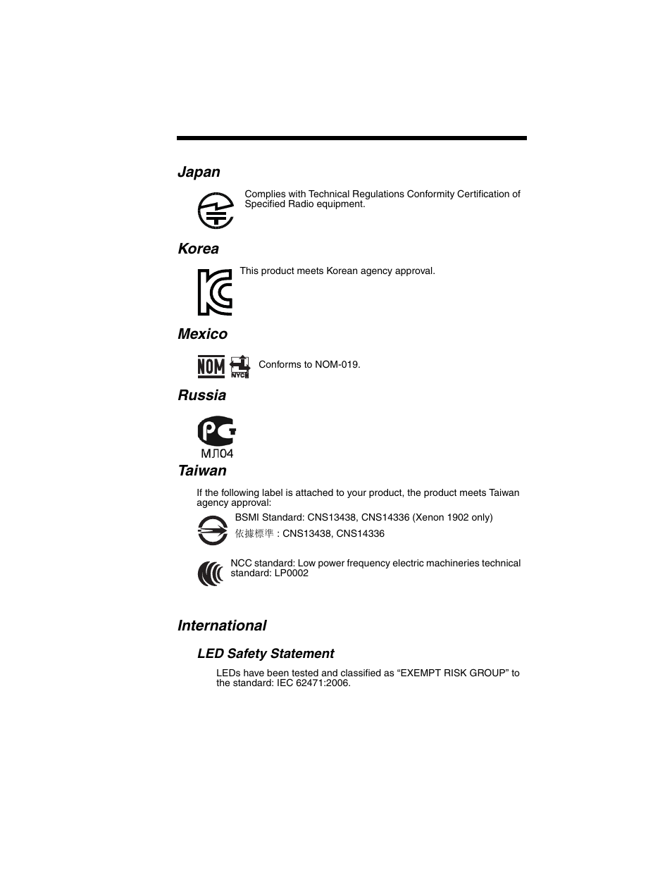 Japan, Korea, Mexico | Russia taiwan, International | Honeywell XENON 1902 User Manual | Page 11 / 312