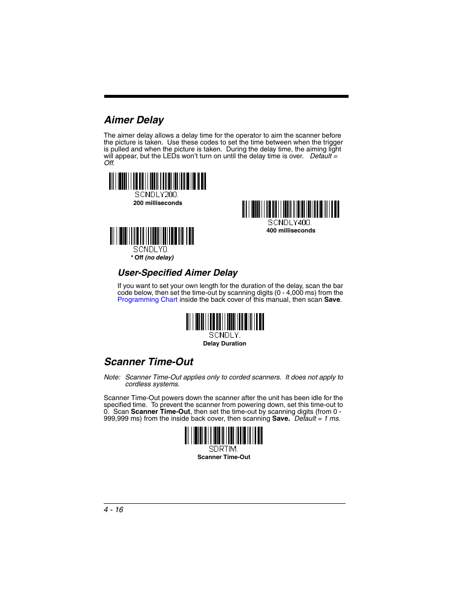 Aimer delay, User-specified aimer delay, Scanner time-out | Aimer delay -16, User-specified aimer delay -16, Scanner time-out -16 | Honeywell XENON 1902 User Manual | Page 112 / 312