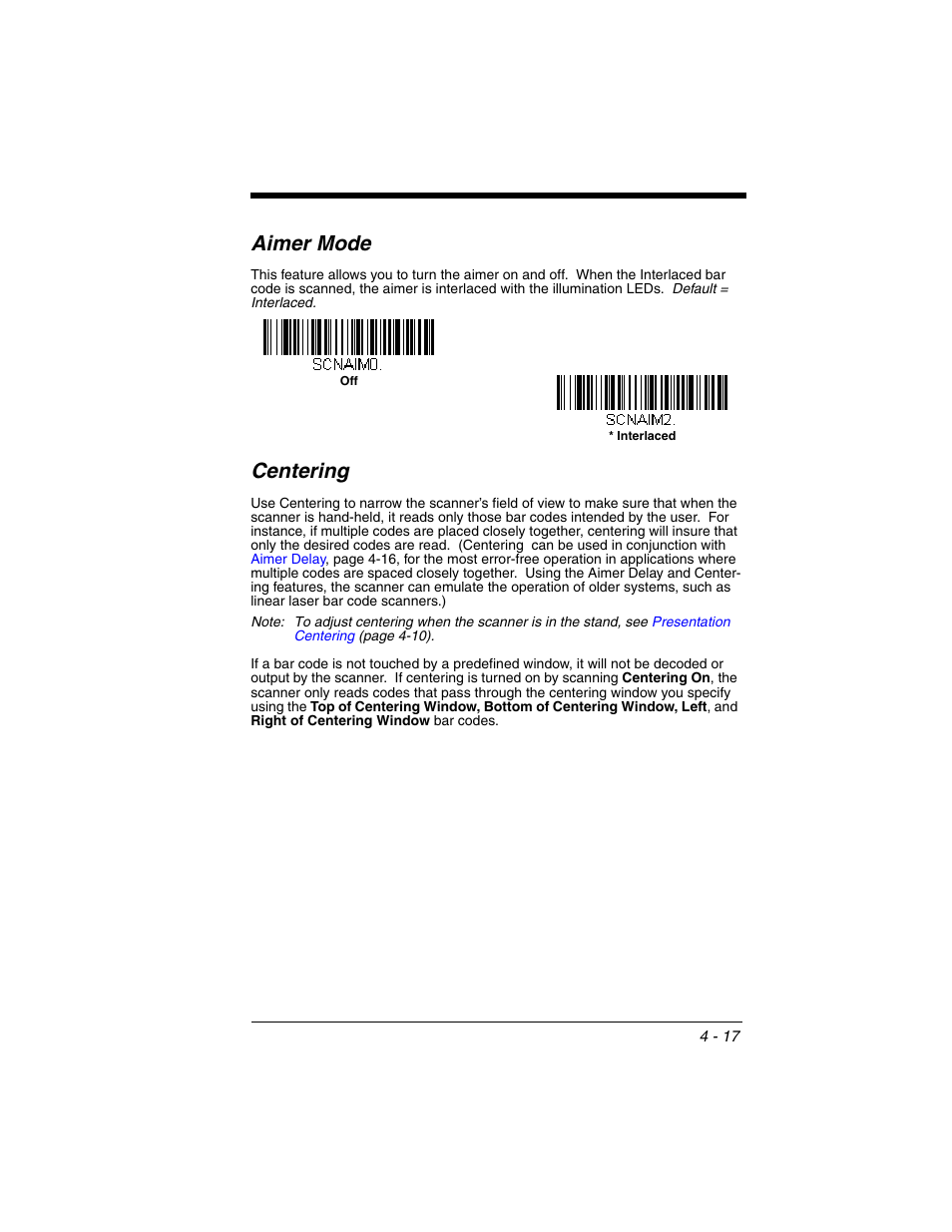 Aimer mode, Centering, Aimer mode -17 centering -17 | Honeywell XENON 1902 User Manual | Page 113 / 312