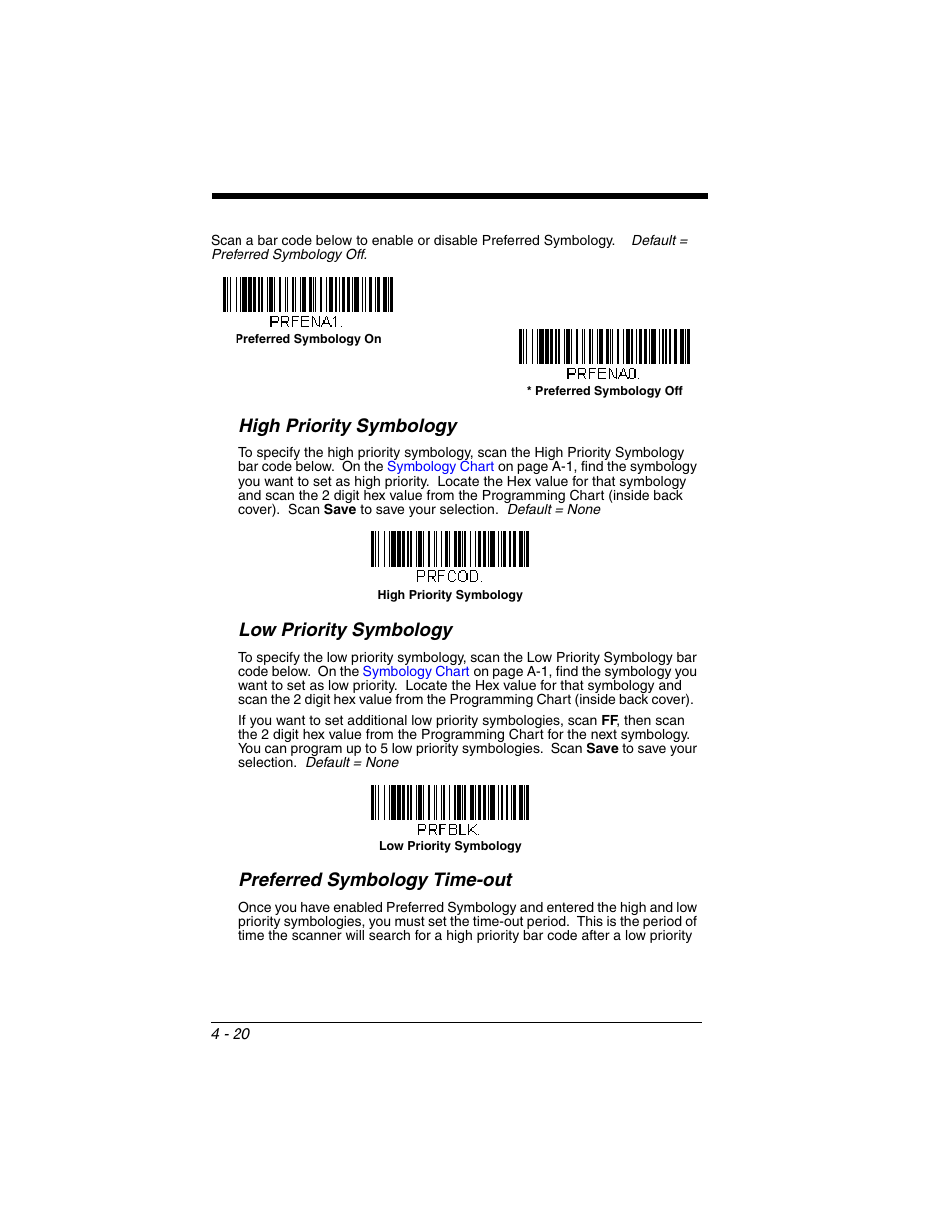 High priority symbology, Low priority symbology, Preferred symbology time-out | Od of time (see | Honeywell XENON 1902 User Manual | Page 116 / 312