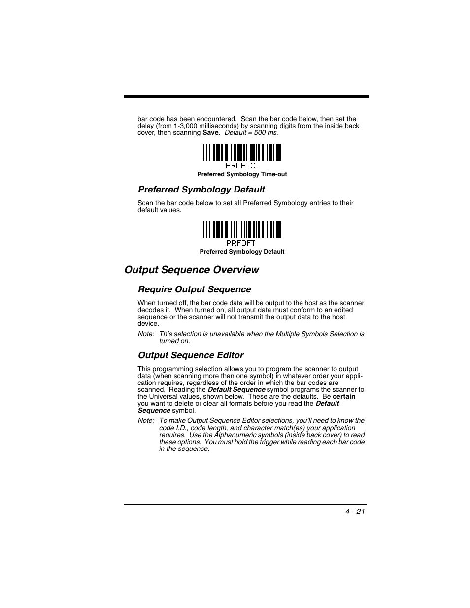Preferred symbology default, Output sequence overview, Require output sequence | Output sequence editor, Preferred symbology default -21, Output sequence overview -21 | Honeywell XENON 1902 User Manual | Page 117 / 312