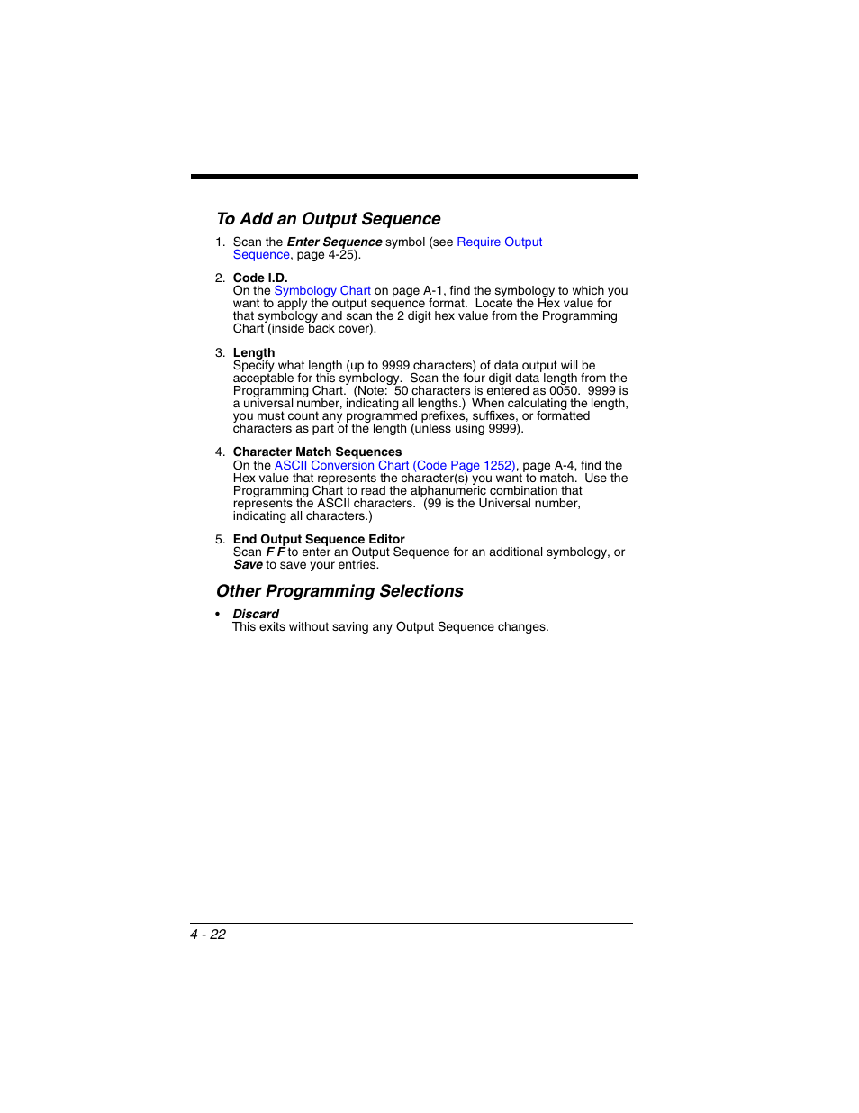To add an output sequence, Other programming selections | Honeywell XENON 1902 User Manual | Page 118 / 312