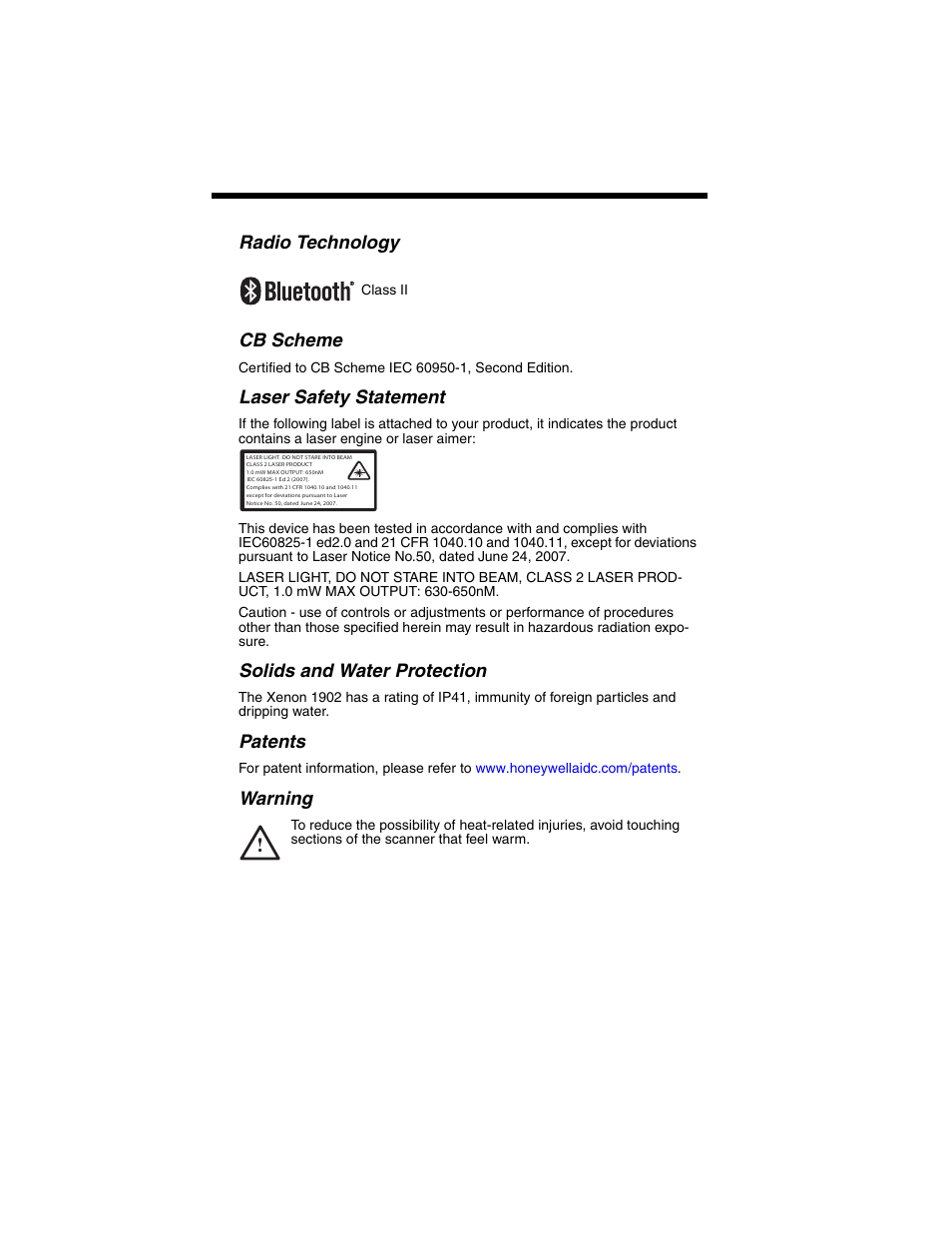 Radio technology, Cb scheme, Laser safety statement | Solids and water protection, Patents, Warning | Honeywell XENON 1902 User Manual | Page 12 / 312