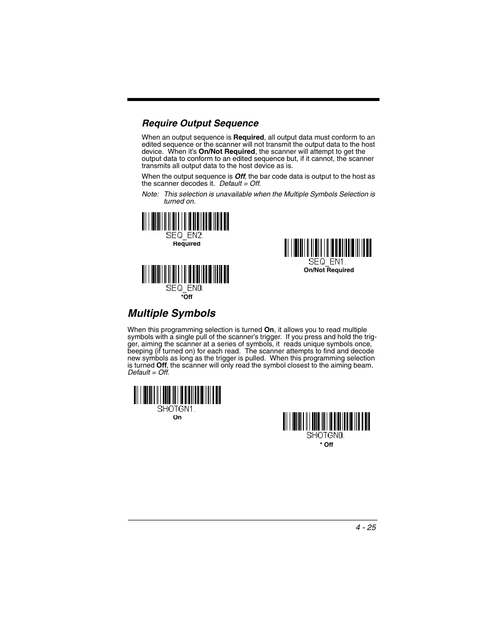 Require output sequence, Multiple symbols, Require output sequence -25 | Multiple symbols -25, Symbol (see, Require output, Sequence | Honeywell XENON 1902 User Manual | Page 121 / 312