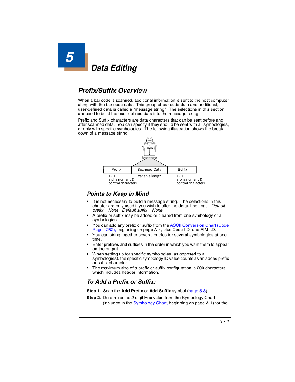 Data editing, Prefix/suffix overview, To add a prefix or suffix | Chapter 5 - data editing, Prefix/suffix overview -1, To add a prefix or suffix: -1, Points to keep in mind | Honeywell XENON 1902 User Manual | Page 125 / 312