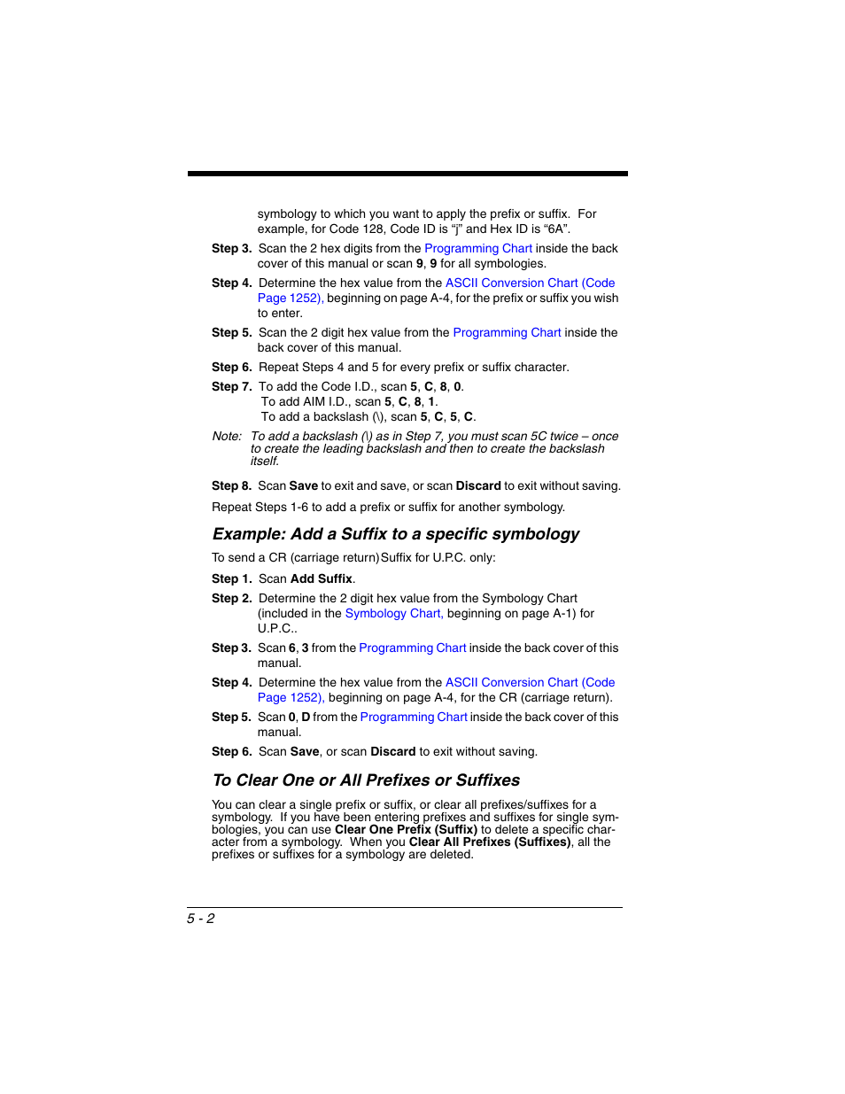 To clear one or all prefixes or suffixes, To clear one or all prefixes or suffixes -2, Example: add a suffix to a specific symbology | Honeywell XENON 1902 User Manual | Page 126 / 312