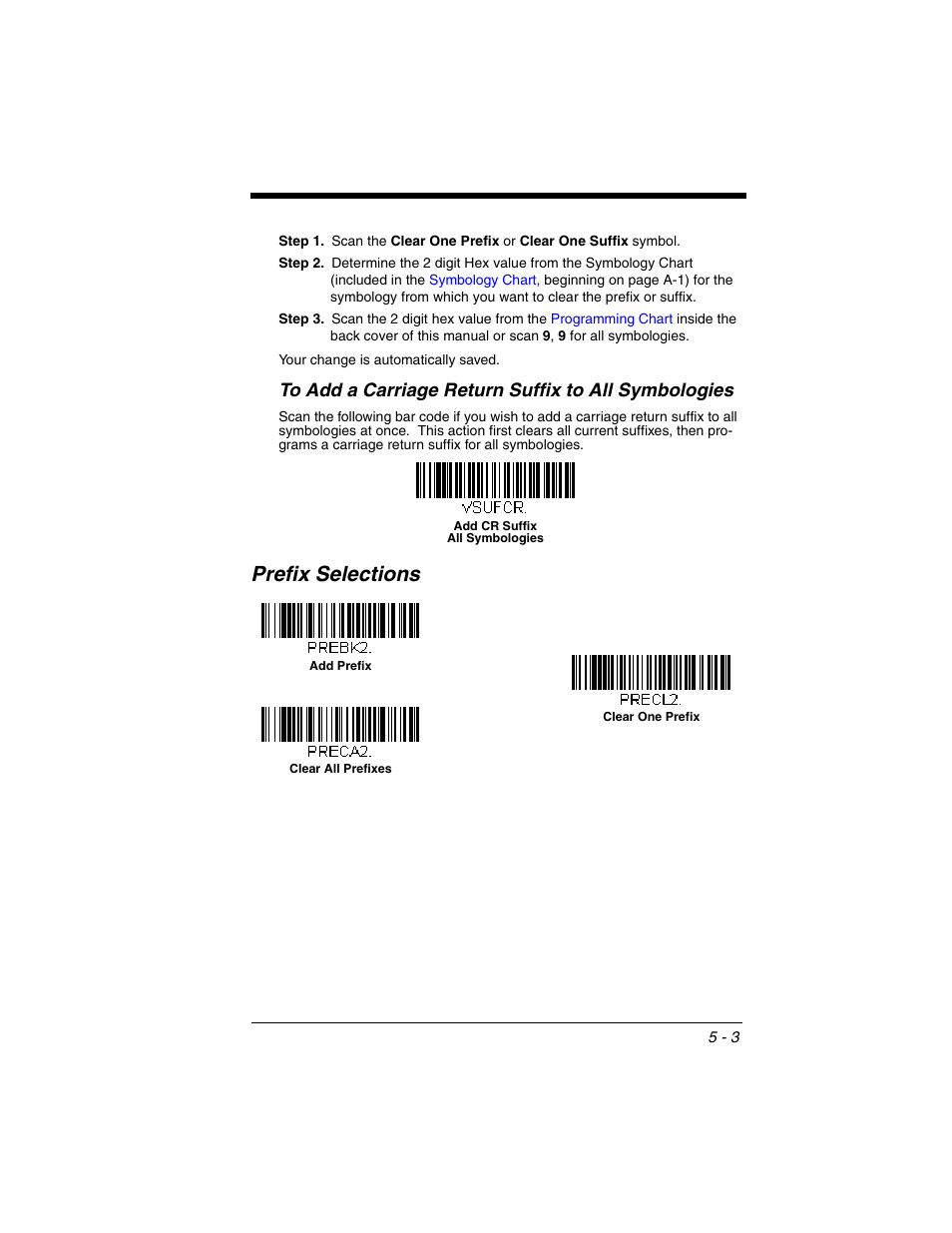 To add a carriage return suffix to all symbologies, Prefix selections, To add a carriage return suffix | To all symbologies -3, Prefix selections -3 | Honeywell XENON 1902 User Manual | Page 127 / 312