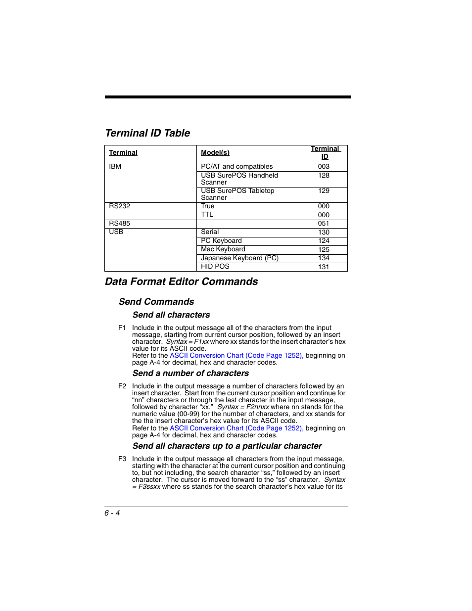 Terminal id table, Data format editor commands, St use a “send” command (see | Send, Commands, Send commands | Honeywell XENON 1902 User Manual | Page 134 / 312