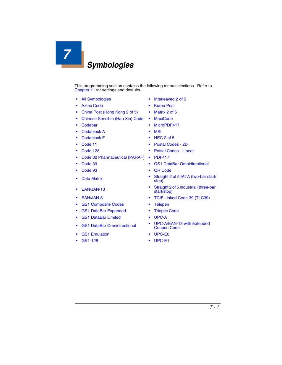 Symbologies, Chapter 7 - symbologies | Honeywell XENON 1902 User Manual | Page 143 / 312